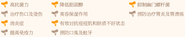 高抗菌力,治疗伤口及烫伤,消炎症,提高免疫力,降低胆固醇,美容保湿作用,有效对抗痘痘肌和肤质不好状态,预防口臭及蛀牙,抑制幽门螺杆菌,预防治疗胃炎及胃溃疡
