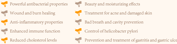 1.Powerful antibacterial properties 2.Wound and burn healing 3.Anti-inflammatory properties 4.Enhanced immune function 5.Reduced cholesterol levels 6.Beauty and moisturizing effects 7.Treatment for acne and damaged skin 8.Bad breath and cavity prevention 9.Control of helicobacter pylori 10.Prevention and treatment of gastritis and gastric ulcers
 